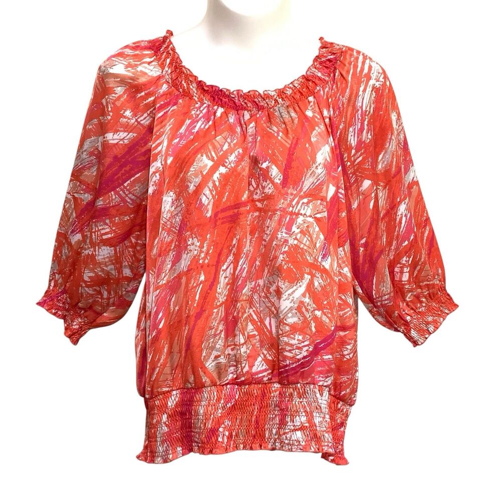 Cato Blouse Top Womens Size 18/20 Orange Pink Abstract 3/4 Sleeve Lightweight